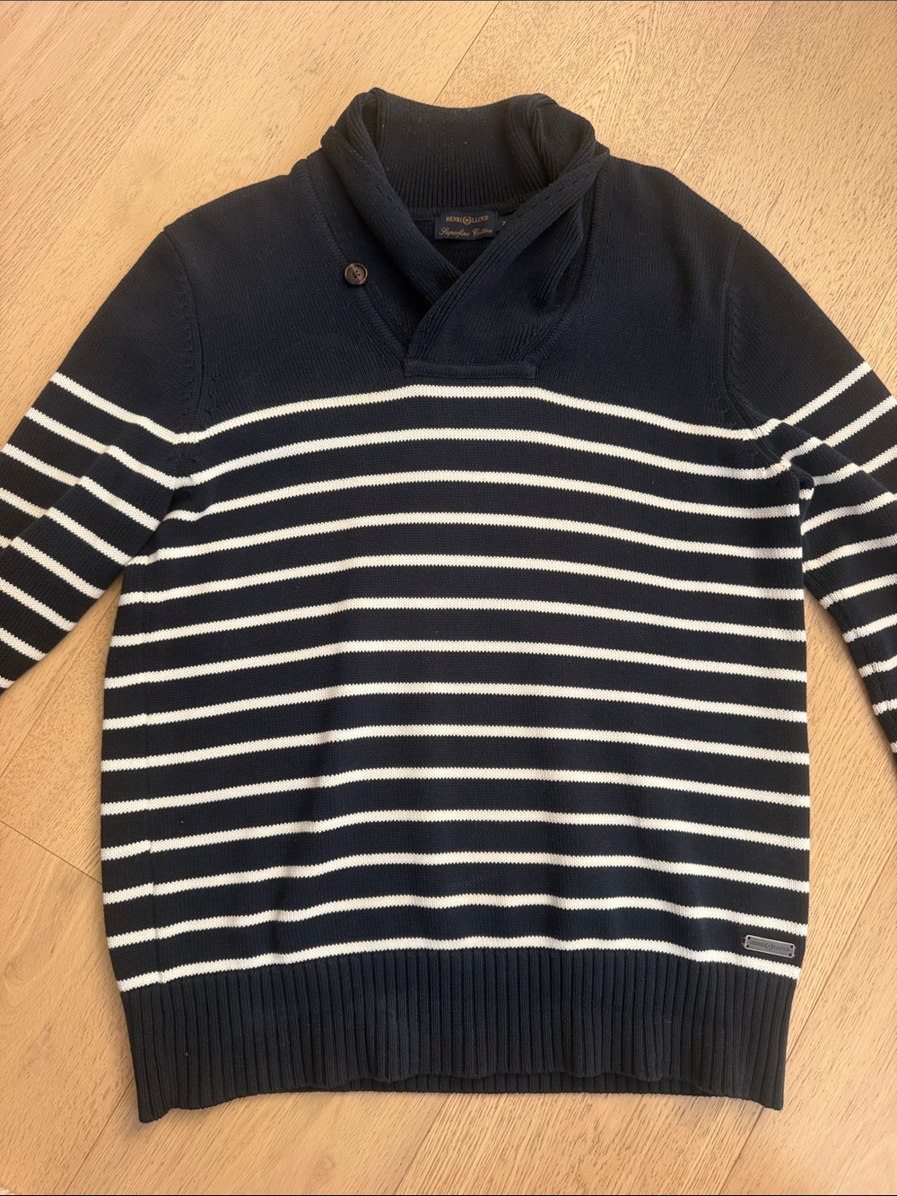 Henri Lloyd Navy and White Striped Shawl Collar Cardigan Sweater